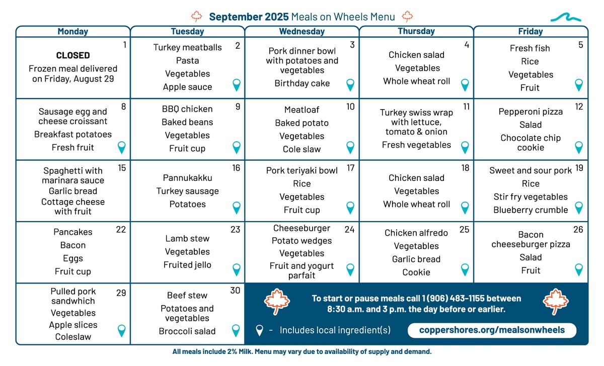 September 2025 Menu - Copper Shores Meals on Wheels