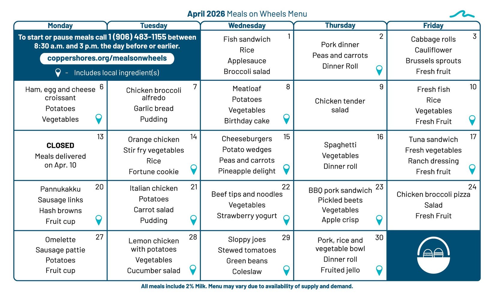 2026 April Menu - Copper Shores Meals on Wheels