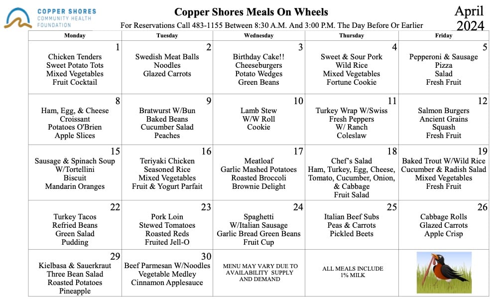 Copper Shores Meals on Wheels April 2024 Menu