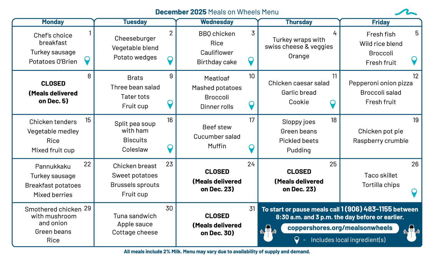 December 2025 Meals On Wheels Menu