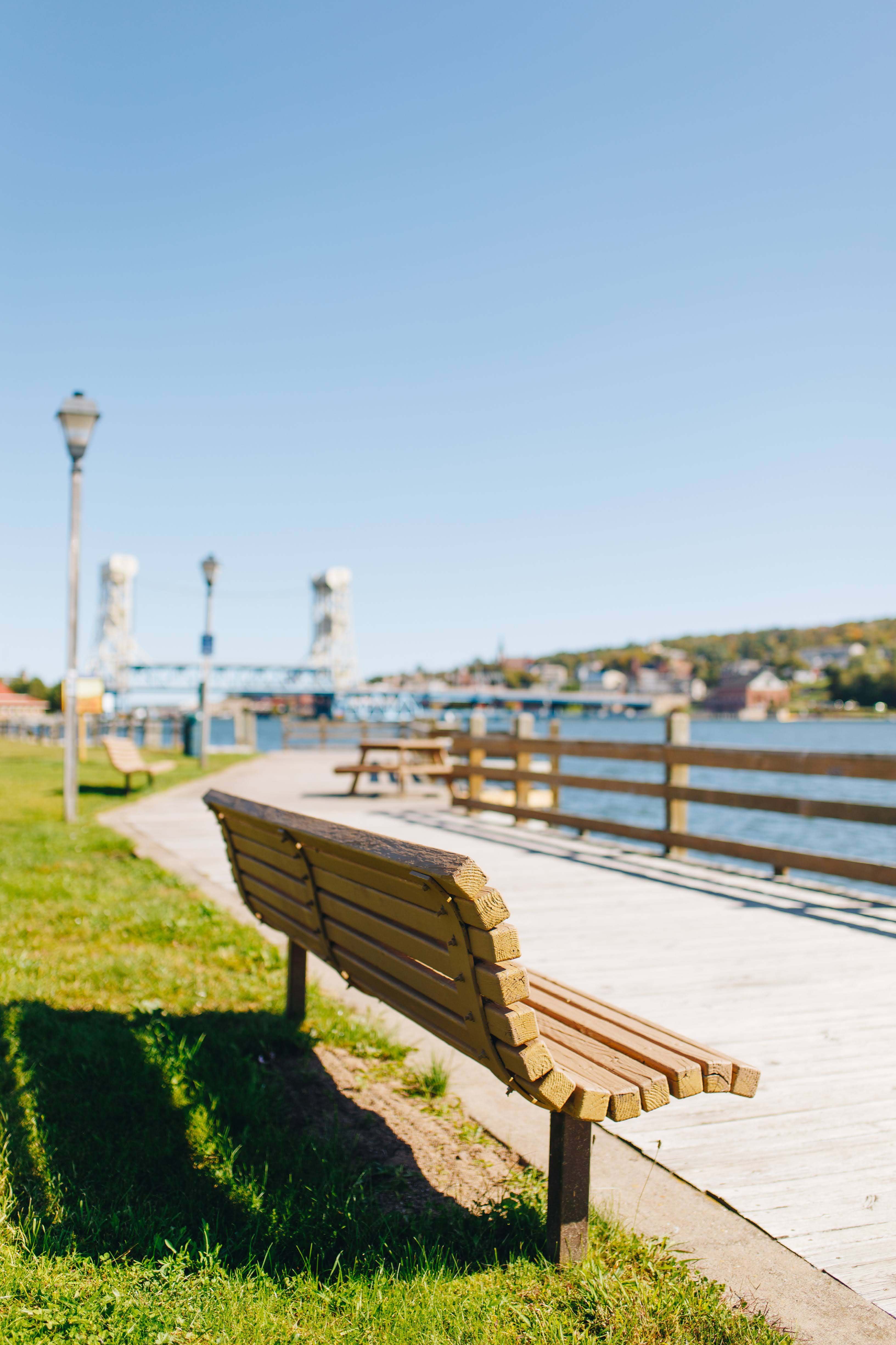 Empty Bench in front of Lift Bridge