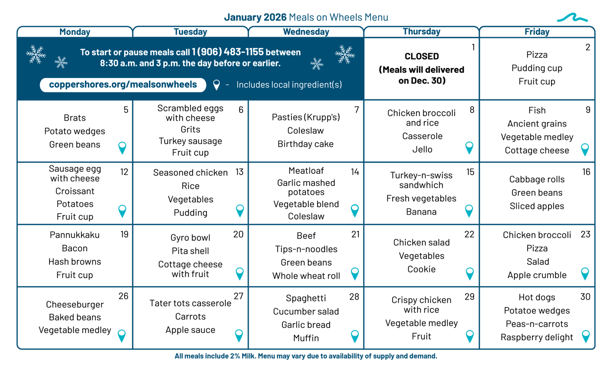 January 2026 Meals on Wheels Monthly Menu