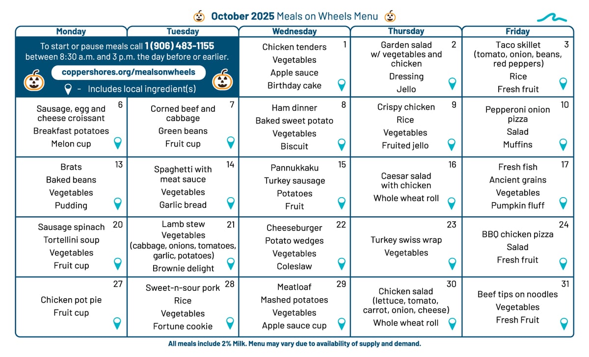October 2025 Menu - Copper Shores Meals on Wheels